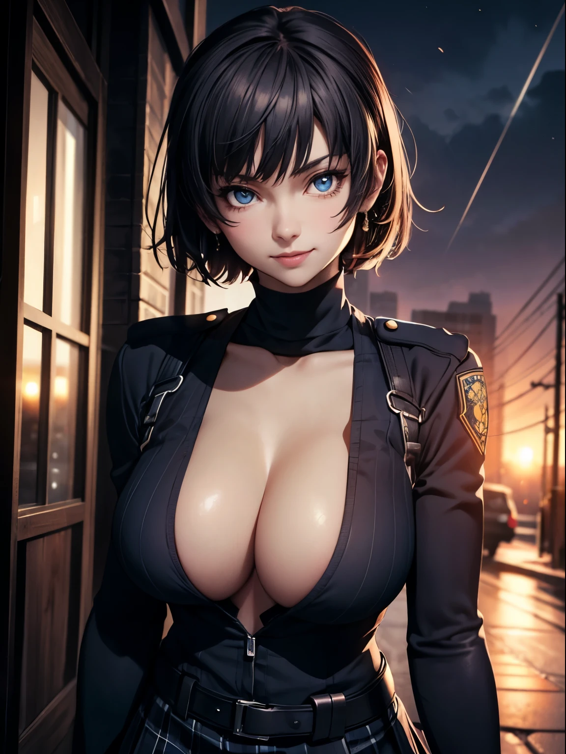 (​Masterpiece), (top quality), sunset, natural lights, ,(realistic:1.5), Makoto Niijima as an incredibly beautiful police officer, blue police uniform, short skirt, wearing an unbuttoned police uniform, cleavage, sexy, blue eyes, smiling, sexy pose, athletic, looking at viewer, eye contact, modern metropolis, Night, neon lights, detailed modern day city in background, seductive, Seductive_pose, natural lights, big breasts, high saturation, precise hands, bright eyes, ultra-definition, superior resolution, soft lightning