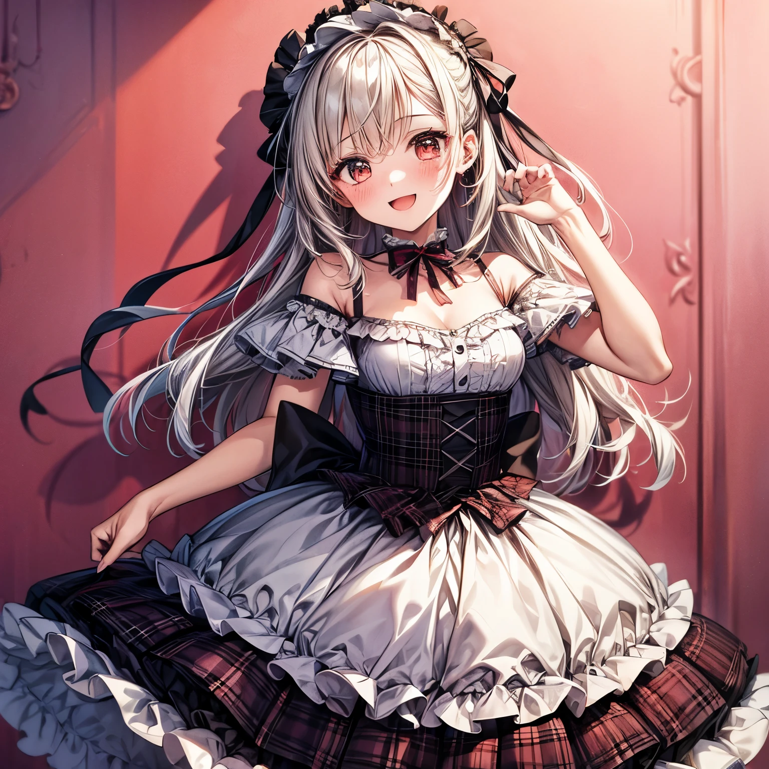 ((Masterpiece)), (best quality), cute , Plaid dress, (Off-Shoulder dress), hoop dress, bow, (ta fashion), (Vibrant Pose), exposed bare shoulder and arms, lolityle, , cute smile, open mouth, pretty, , portrait of lolita g emo style, red checker, (against the Colorful pastel wall), ribbon belt, ((spoken heart)), Melted Chocolates,
