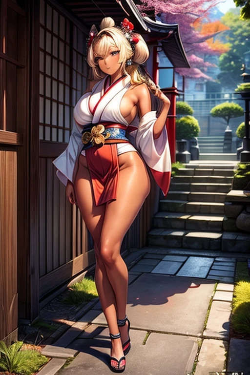 (Japan garden background), (smirk), 1girl, geisha, dark skin asian, tan skin asian, brown skin asian, brown skin, dark skin, tan skin, bleach blonde hair, pale yellow hair, geisha hairstyle, green eyes, hourglass figure, skinny body, petite_body, short height, small breasts, cleavage, sexy red kimono, exposed cleavage, black heels,