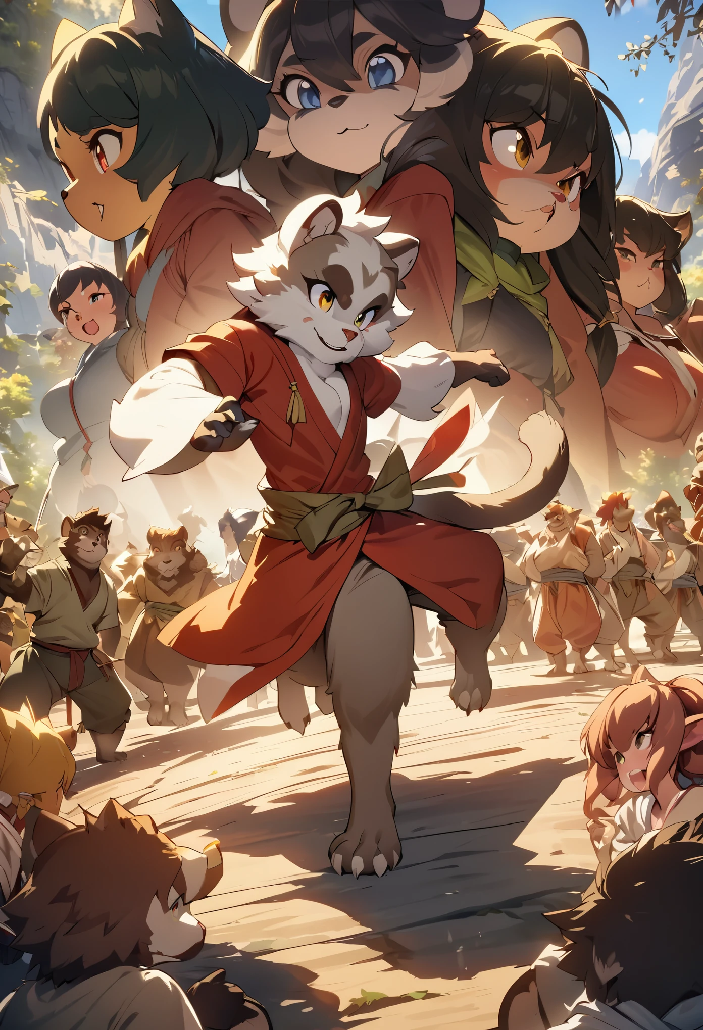 dynamic angle, top quality, best quality, High-quality illustrations, masterpiece, super high resolution, detailed background, detailed background, Monkey A Journey to the West, action, group shot:0.1, 6+boys, 6+girls, absurdres(highly detailed beautiful face and eyes)perfect anatomy, expression, good lighting, cinematic shadow(kemono, furry anthro),