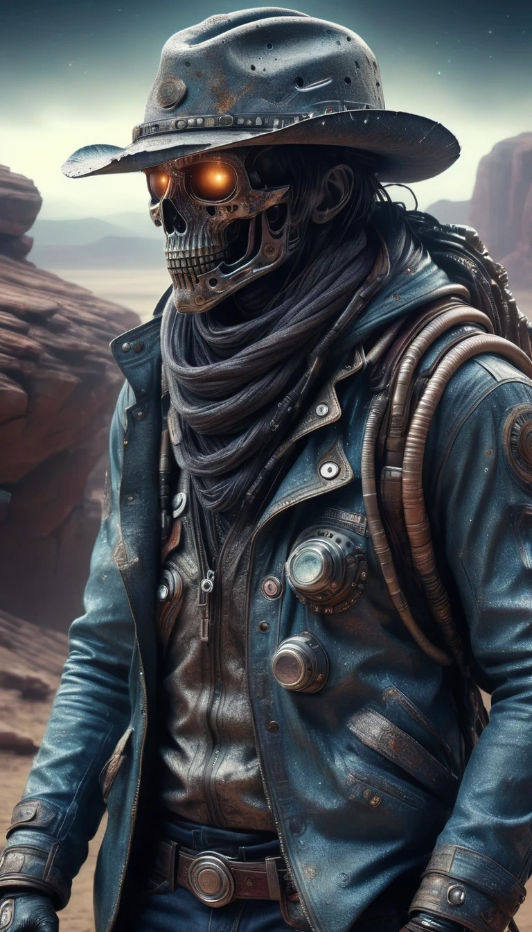 Hyper-realistic image of a [Intergalactic cowboy] encased in a rock, very soiled, extinct modern technology presented like a fossil, dusty, weather, worn appearance. HD, ultra-realistic, high-quality image
