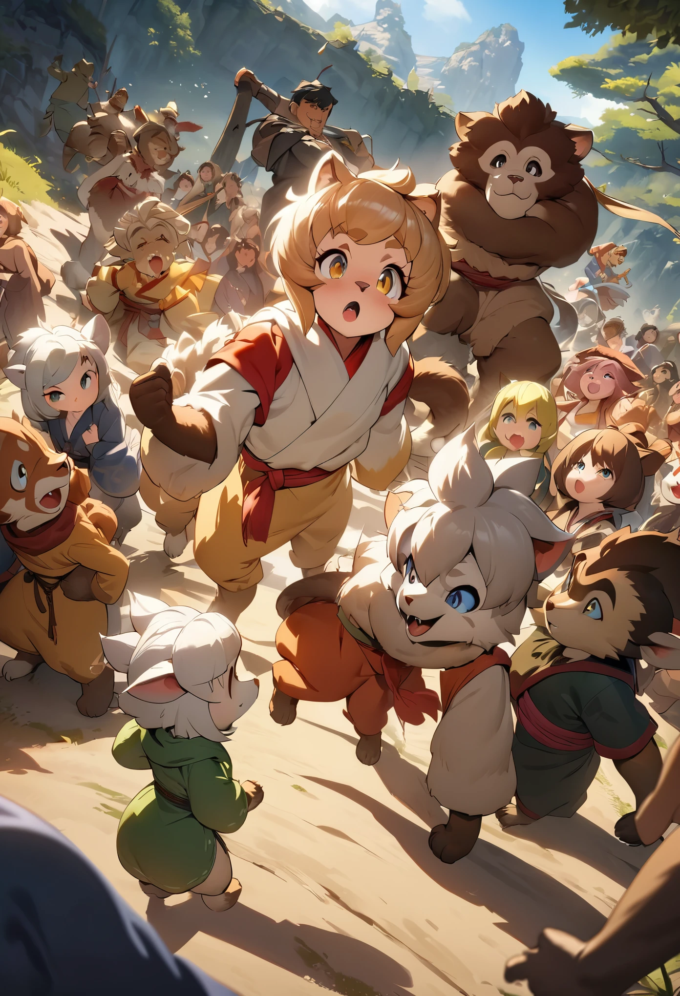 dynamic angle, top quality, best quality, High-quality illustrations, masterpiece, super high resolution, detailed background, detailed background, Monkey A Journey to the West, action, group shot:0.1, 6+boys, 6+girls, absurdres(highly detailed beautiful face and eyes)perfect anatomy, expression, good lighting, cinematic shadow(kemono, furry anthro),