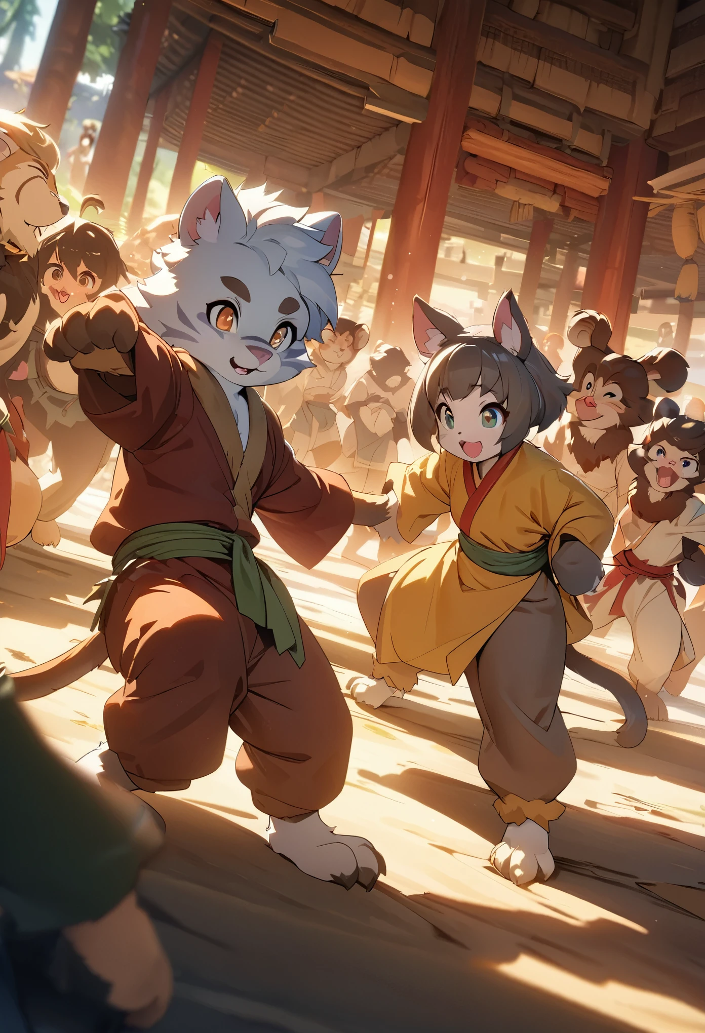 dynamic angle, top quality, best quality, High-quality illustrations, masterpiece, super high resolution, detailed background, detailed background, Monkey A Journey to the West, action, group shot:0.1, 6+boys, 6+girls, absurdres(highly detailed beautiful face and eyes)perfect anatomy, expression, good lighting, cinematic shadow(kemono, furry anthro),