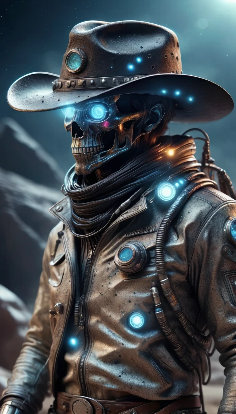 Hyper-realistic image of a [Intergalactic cowboy] encased in a rock, very soiled, extinct modern technology presented like a fossil, dusty, weather, worn appearance. HD, ultra-realistic, high-quality image
