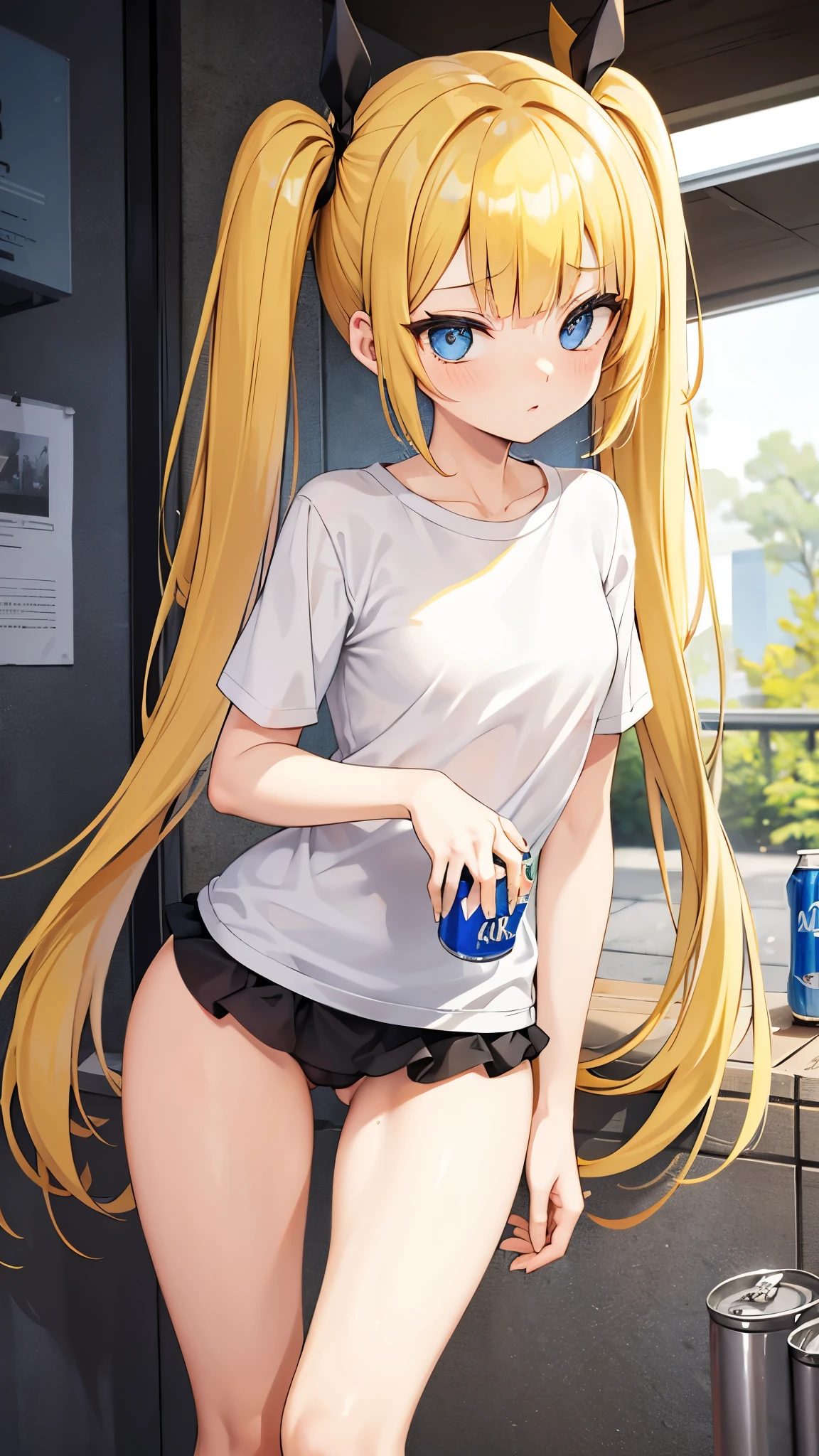 1 Female, Small breasts, Small Ass, skinny, Thigh Gap, skinny legs, Wearing a thin T-shirt, She is wearing dirty panties with yellow frills, yellow hair, Twin tails, Blunt bangs, Bright Blue Eyes, Holding a soda can