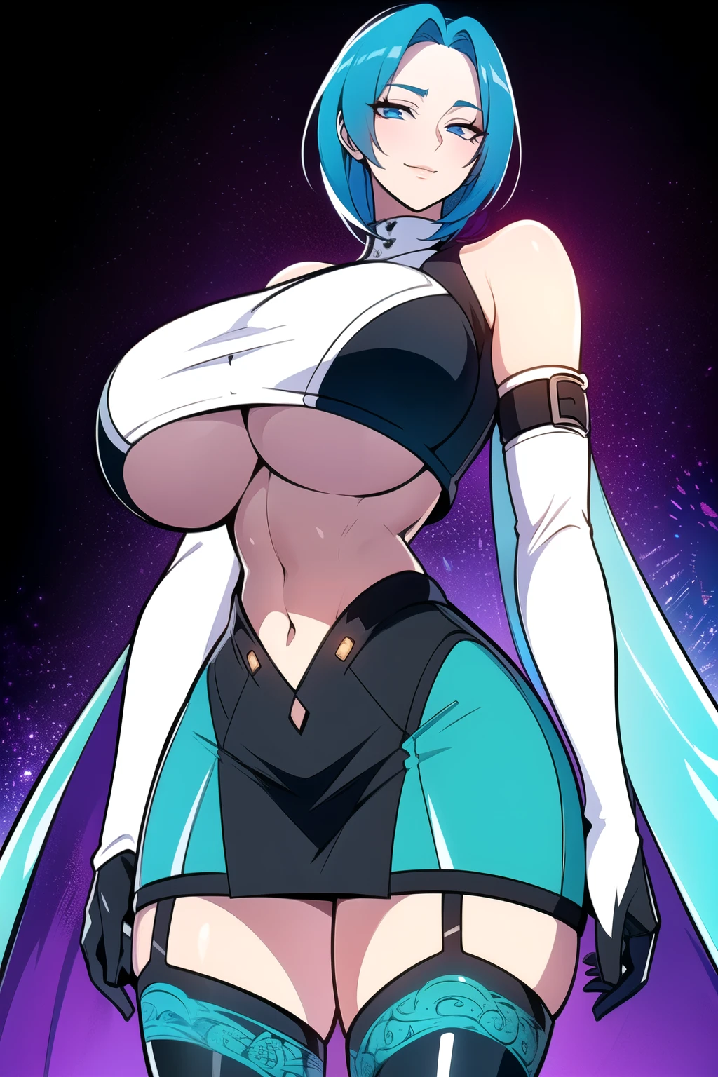 ultra realistic 8k cg, masterpiece, ((ultra detailed background, intricate detail, highly detailed, fine details best quality, hyperdetailed face)), gigantic ,beautiful lighting, absurdres, BoaHancockV2, 1girl, solo, (light Aquamarine Blue hair: 1.4), long hair, jewelry, closed mouth, ), ((black crop top : 1.1), (underboob : 1.4), elbow gloves, thigh boots, split skirt, bare shoulders, curvy, midriff, curvy, thighs, shiny clothes), blue eyes, complex detailed background, inside, luxury palace), ((cowboy shot)), curvy, (gigantic breasts seductive smile, cowboy shot, short hair