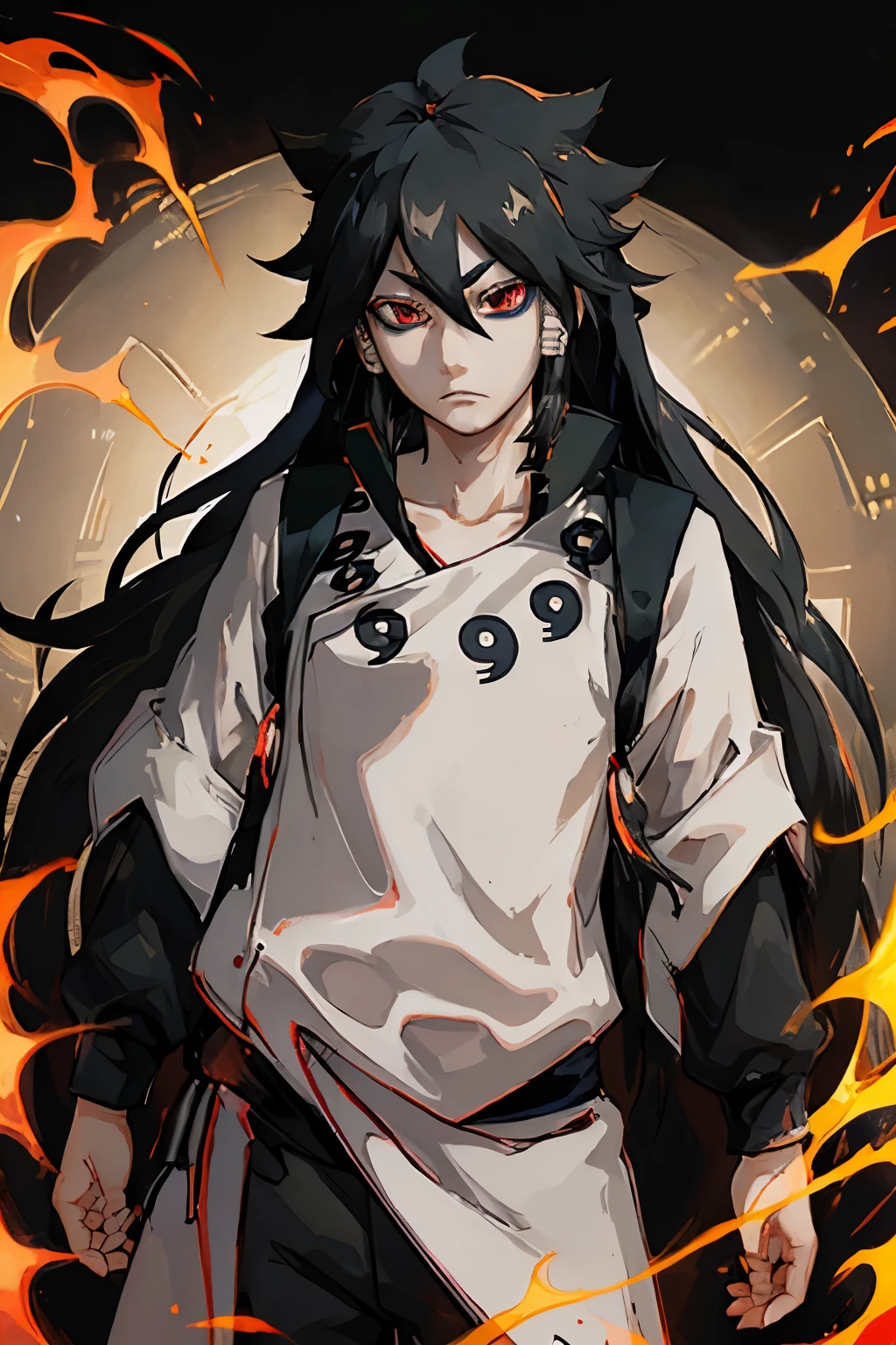 boy, long black hair, red eyes, simple all-black background.