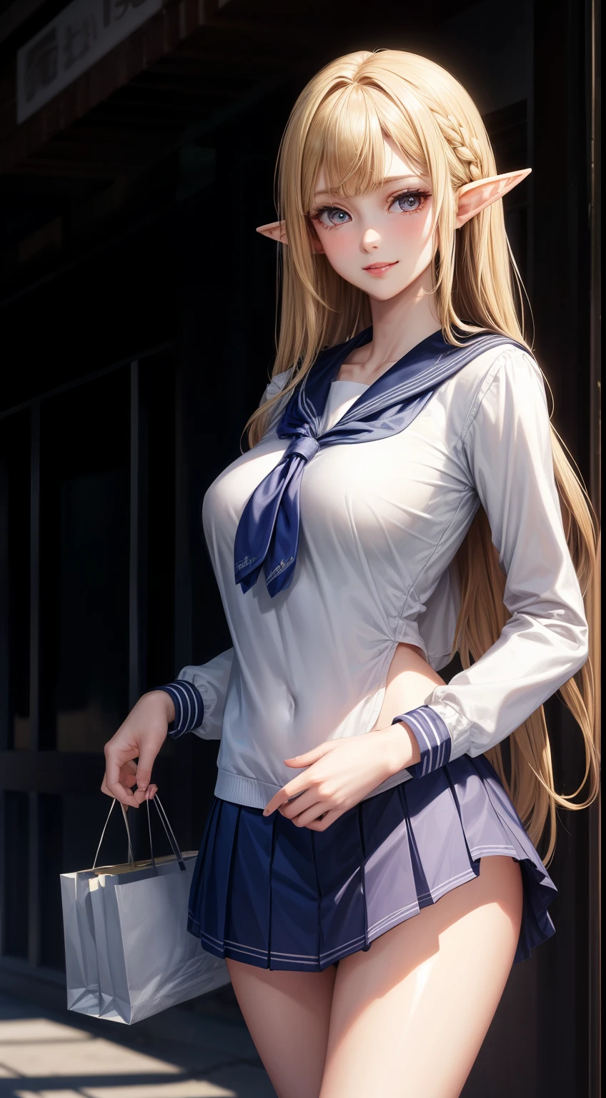 (masterpiece:1.3), High resolution, Very detailed, Highly detailed CG Unity 8k wallpaper, Realistic, photo-Realistic, Raw photo, Beautiful and dense face, Pale skin, Realistic glistening skin, Fine cloth texture, Detailed hair texture, Perfect body, Beautiful Face, Accurate, Anatomically correct, Highly detailed face and skin texture, Natural neck length, (Beautiful Hands), (Fair skin:1.2), Thin legs, Thin legs, break, Fine grain, Symmetrical eyes, Light brown eyes, double eyelid, Thin eyebrows, (Glossy lips:1.4), (Smiling Kindly:1.2), break, (NSFW:1.1), (Elegant and cute girl:1.3), (1 girl), (Medium sized big breasts, Slender figure,  Firm chest:1.1), Beautiful clavicle, (Blonde Hair, Wavy Hair, Long Hair:1.2), ((Asymmetrical bangs:1.2)), (((Elf))),((Sailor suit,school uniform)),(Shopping Street)