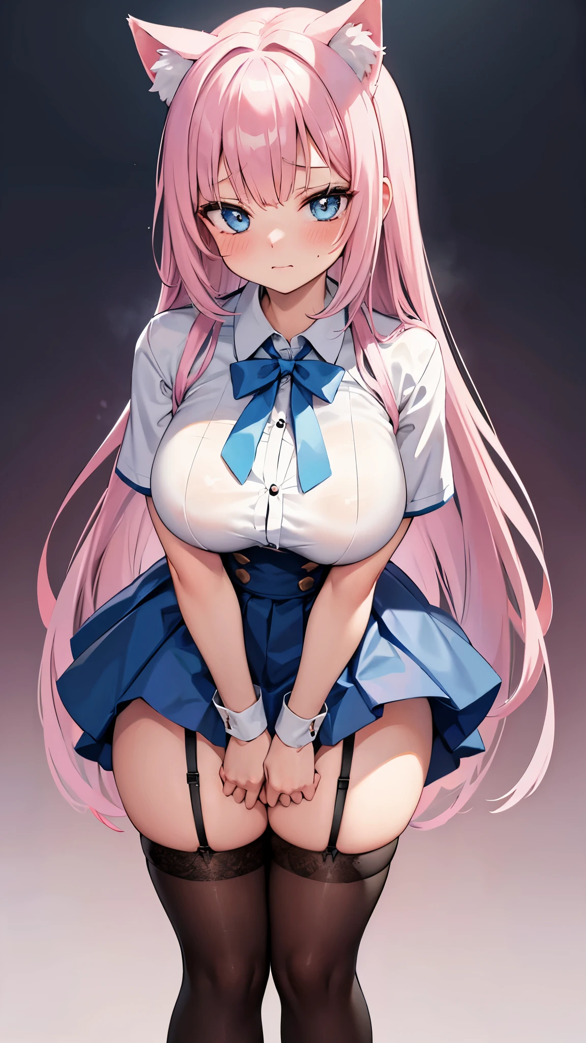 ((mature adult tall woman, mature_face)), (shining light blue eyes), light blue cat ears, (Super thin waist), Slope (Pink Hair), big breasts, Large areola, (Oily skin) ,
Anime woman with cat ears and a skirt posing for a photo, I said it was fan art, Naughty anime style, Holo is a cat girl, mature cute anime catgirl, Anime Moe Art Style, Naughty, anime mature waifu, Thick thighs, Pleated skirt, Tight knee socks, garter belt, Short mini shirt, put your knees together, blush, ((shy)), Hands Behind Back, Bent over