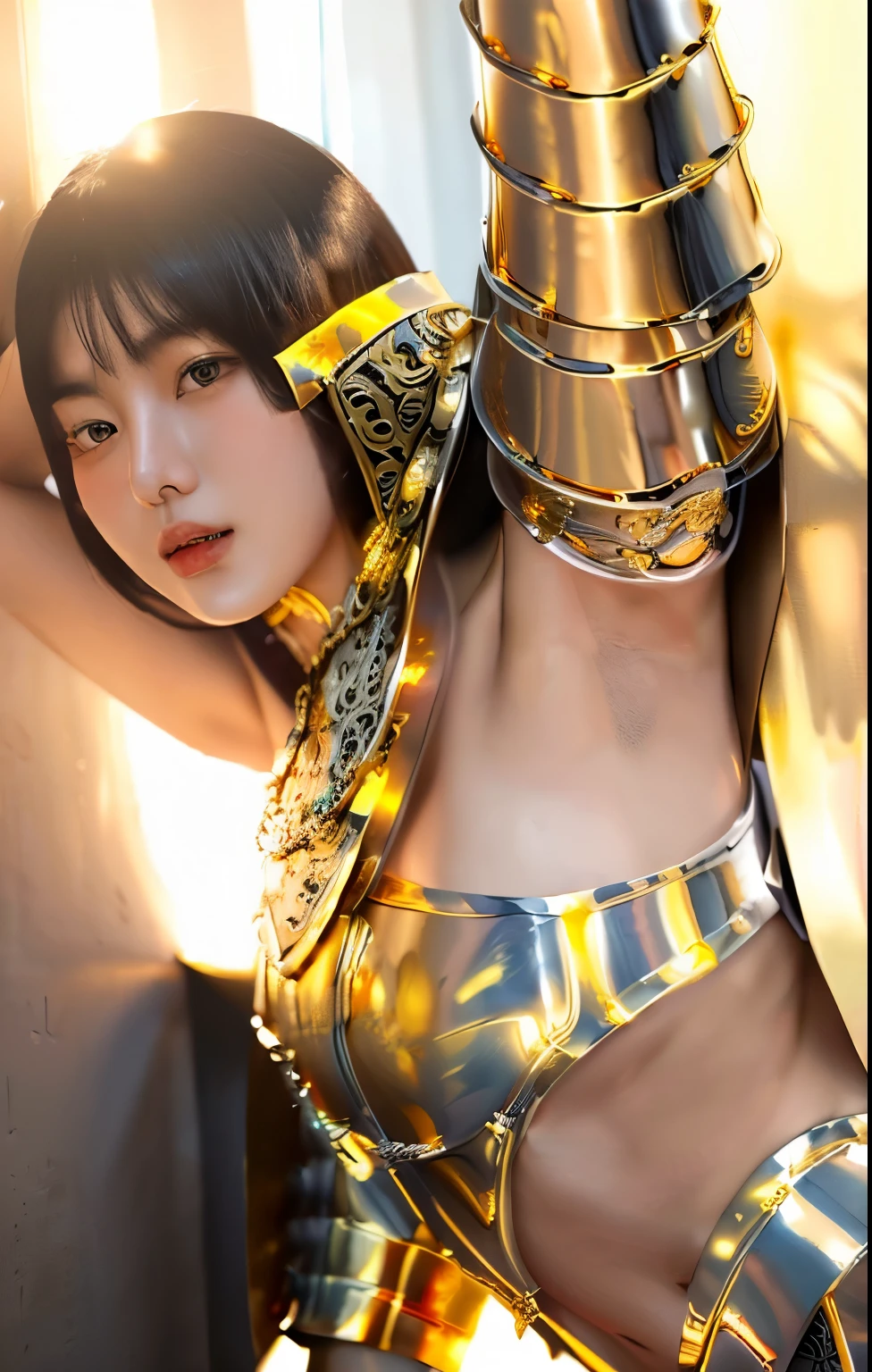 (​masterpiece:1.2), 8k,(ultra-realistic:1.5), 17 year old female concubine bounded to the chain, Korean, (random sexy pose:1.3), black hair, face lights, Detailed face, (wearing a shining gold metallic armor:1.3), highly-detailed and intricate polished armor, lingerie under metallic skirt armor, grey cape, nude belly,