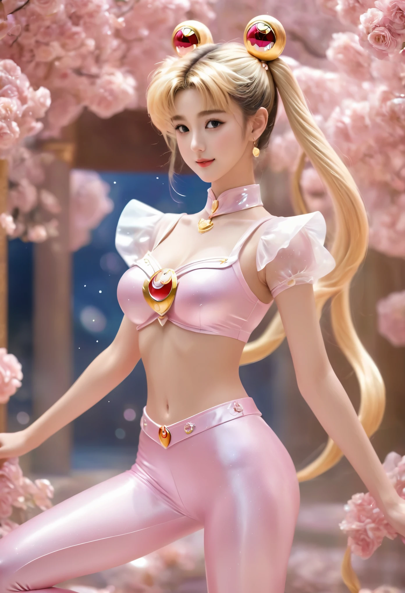 sailorMoon in light Pink leggings, solo，Anatomically correct, motion blur,1 japan girl, smile，beautiful，sexy, thin gap，camel toe，bishoujo_senshi_sailor_moon, realistic，3d，skin texture，blingbling，fractal background