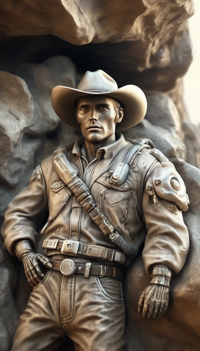 Hyper-realistic image of a [Intergalactic cowboy] encased in a rock, very soiled, extinct modern technology presented like a fossil, dusty, weather, worn appearance. HD, ultra-realistic, high-quality image
