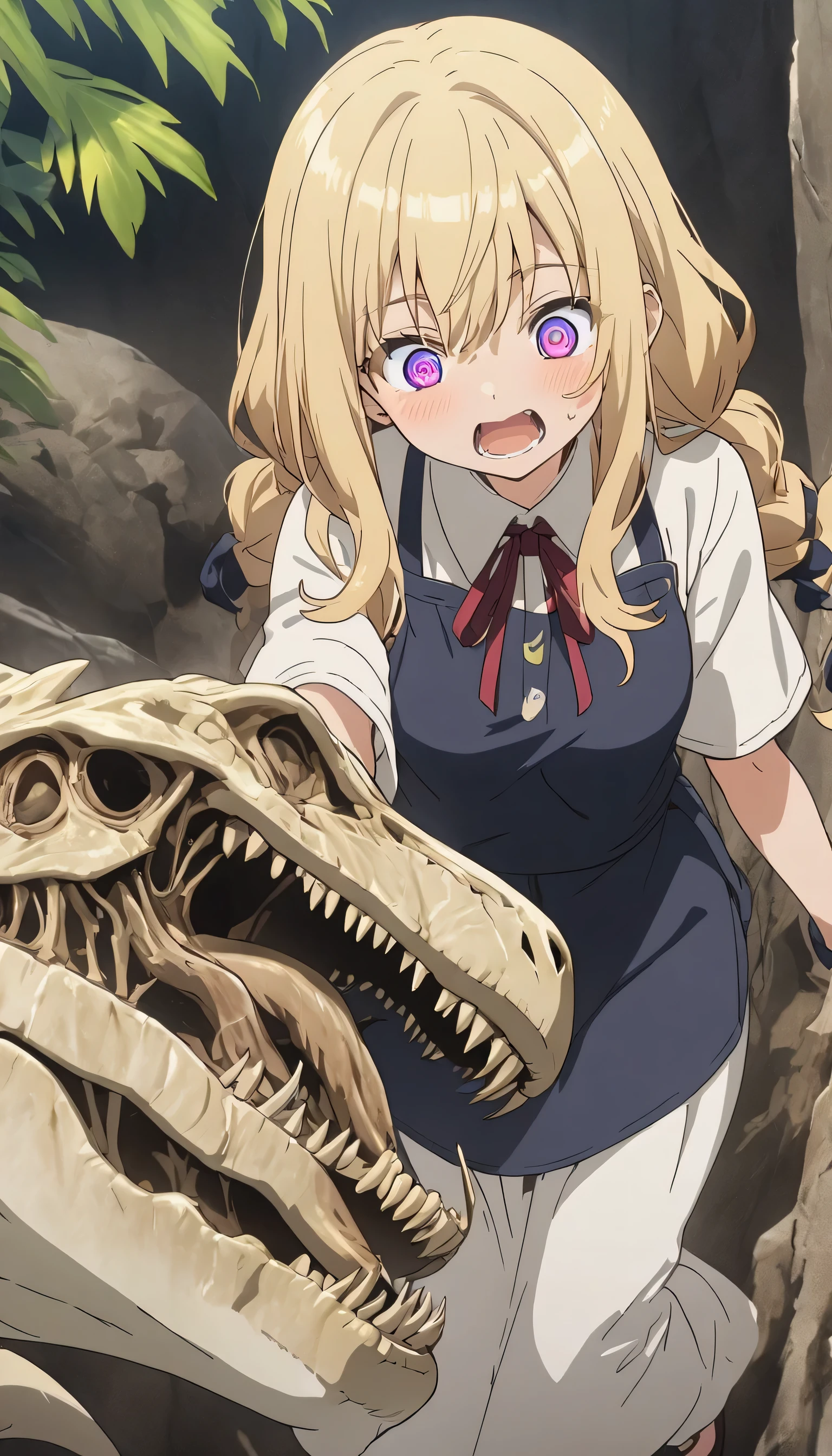 (highest quality、masterpiece、High resolution、detailed)anime style、flat style、(Shining Eyes、detailed beautiful face), , BREAK,1 girl、Surprised、(Adventurer)、(Discover dinosaur fossils)、anime