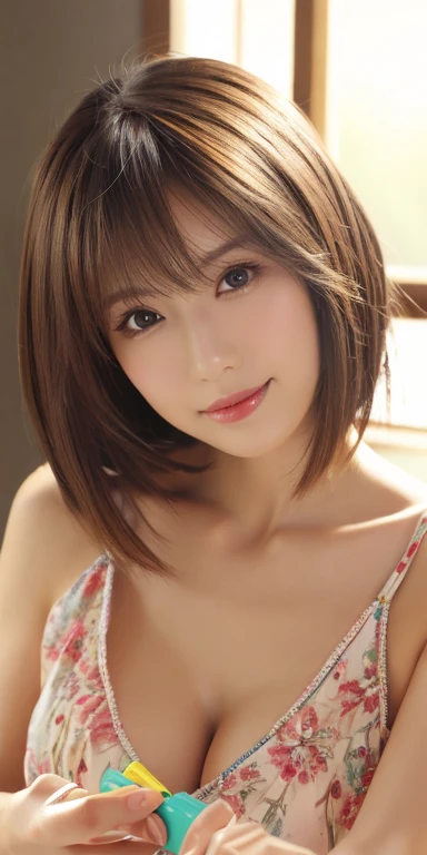 masterpiece、highest quality、High resolution、Tabletop、wallpaper、Realistic、Bright lighting、professional lighting、Face Light、smooth lighting、Japanese women、Adult、Beautiful woman、action、gravure、sexy、poor、so beautiful、Beautiful Skin、Beautiful and detailed、Detailed face、slim、Moderately、short hair、Brunette colored hair、Brown eyes、Looking at the camera、Playing the ukulele、