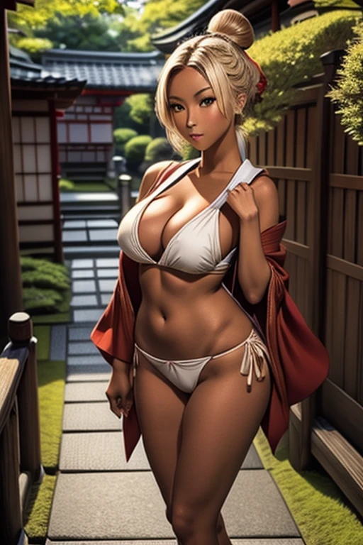 (Japan garden background), (smirk), 1girl, geisha, dark skin asian, tan skin asian, brown skin asian, brown skin, dark skin, tan skin, bleach blonde hair, pale yellow hair, geisha hairstyle, green eyes, hourglass figure, skinny body, petite_body, short height, small , cleavagred kimonoxposed cleavage, black he