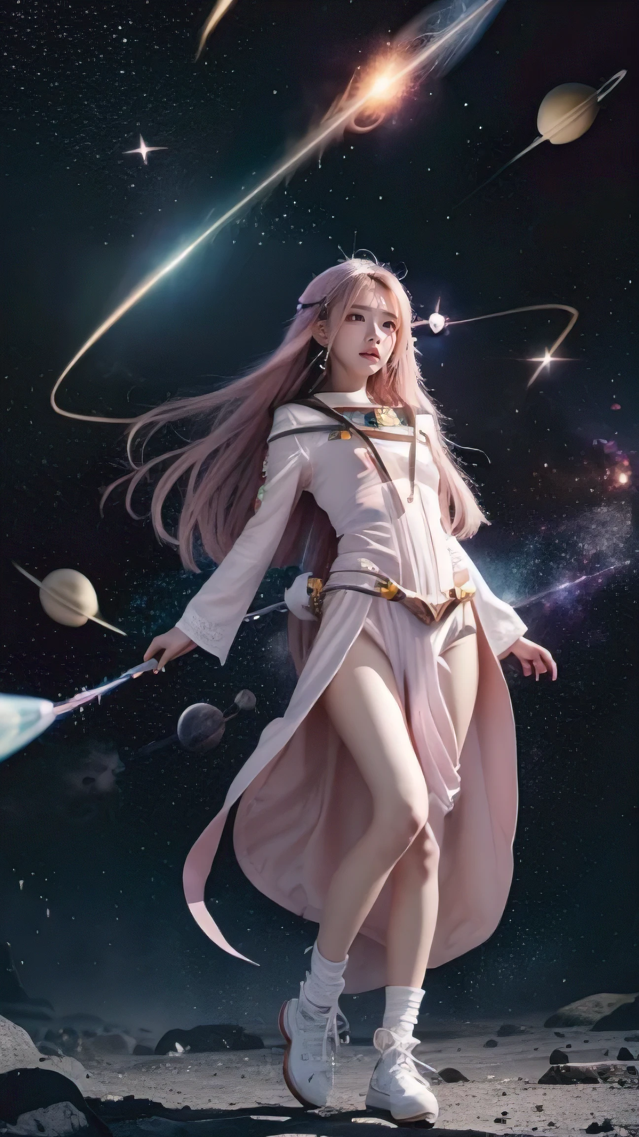 One girl、A pink-haired star mage named Maria Chiquinha、(expansion:1.3)、(Space comets:1.5)、Looking up at the night sky with deep concentration、Long flowing robes、An intricately designed star emblem、Cane in hand、A magical aura of starlight surrounds her.、highest quality、masterpiece、Sparkling Space Comets、swirling galaxy、Bright constellations、High resolution vivid illustrations、 Realistic details、Long hair motion blur effect、HDR Effects、Very detailed features。
