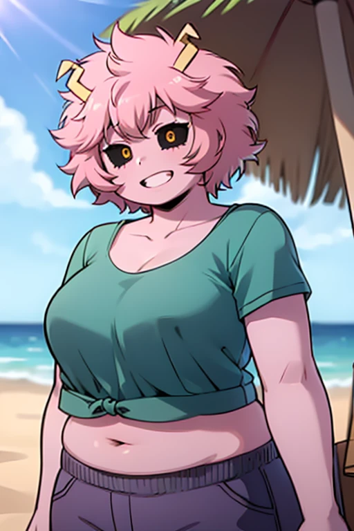 obese mina ashido, obese 1girl, solo, breasts, short hair, medium breasts, shirt,beach background,fat belly, obese body, collarbone, yellow eyes, upper body, pink hair, short sleeves, horns, teeth, colored skin, blue shirtteeth, happy, colored sclera, emphasis lines, black sclera, green bikini, pink skin, HD definition, 4K