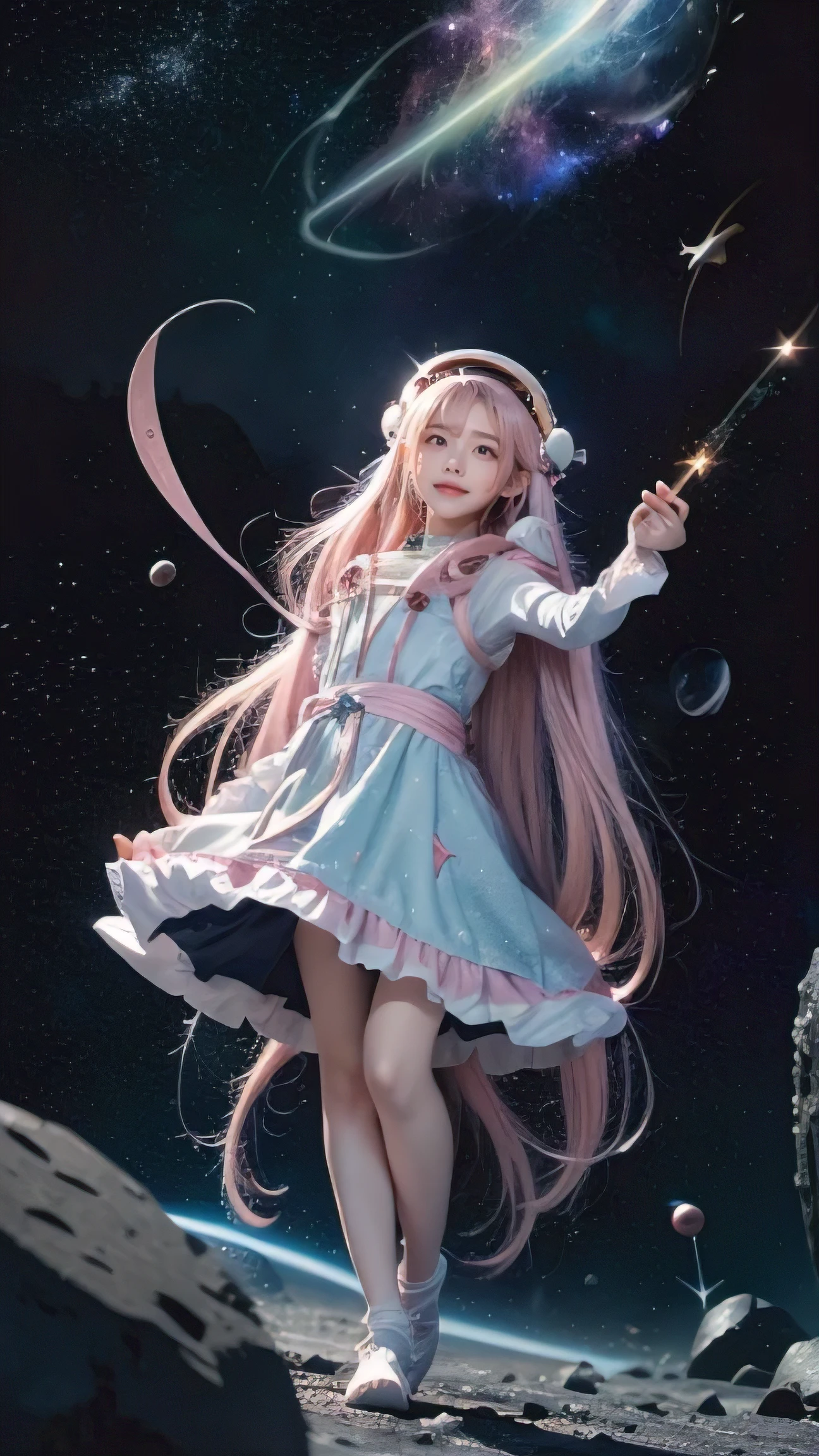 An illustration of a chibi from Sky: Children of Light, vibrant warm smile , white nice teeth, long strand pink hair, featuring vibrant colors and whimsical details, evoking a sense of wonder and magic. The color temperature is cool, very dark nightime, standing in a herd of glowing beautiful fireflies that are lighting her up, while the chibi wears a joyful expression. Soft lighting accentuates the character's charm and innocence. --v 5 --stylize 1000