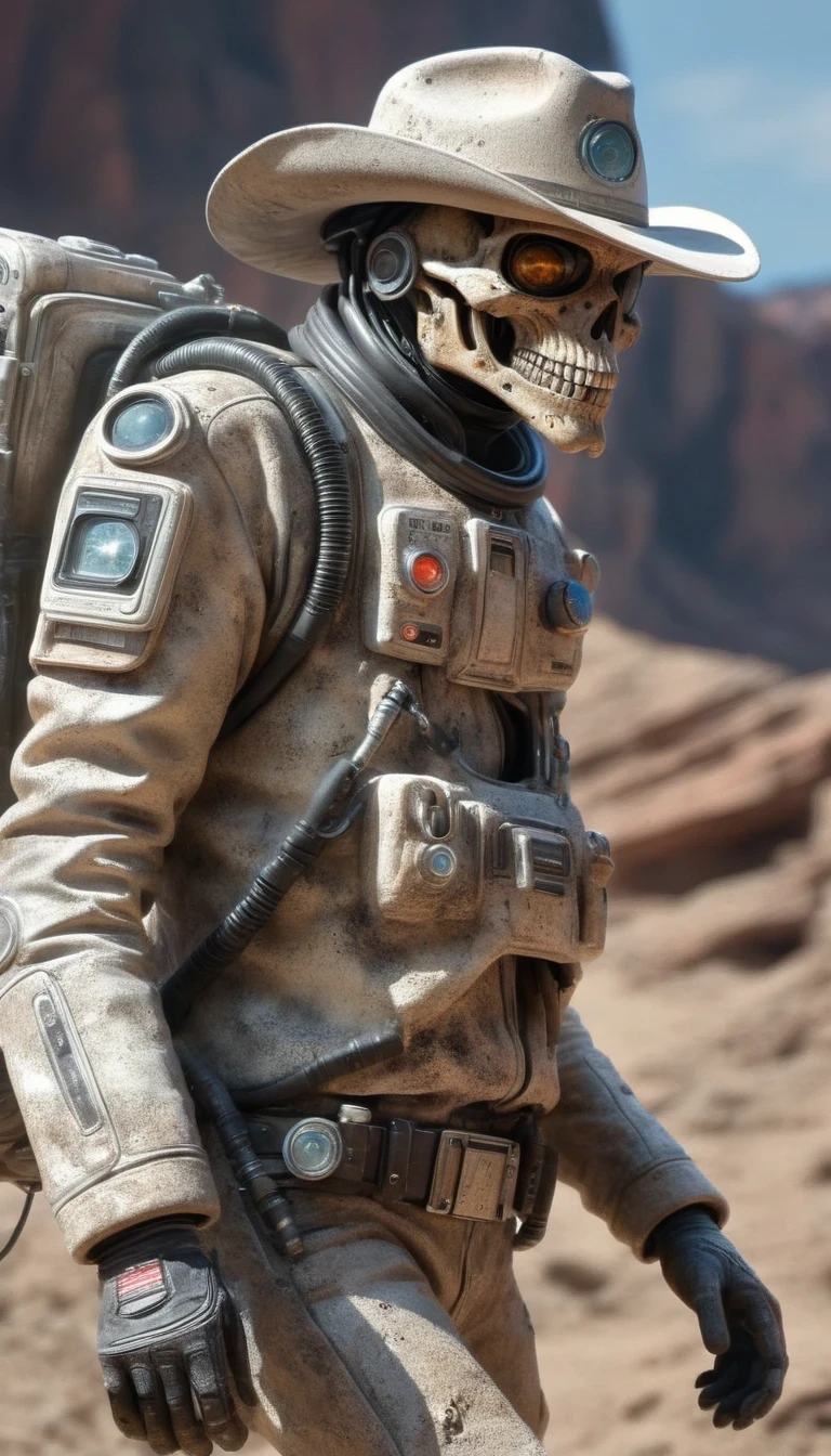 Ultra-realistic images of [Intergalactic Cowboy] encased in rock, very dirty, extinct modern technology rendered like a fossil, dusty, weathered and worn appearance. HD, ultra-realistic, high quality image
