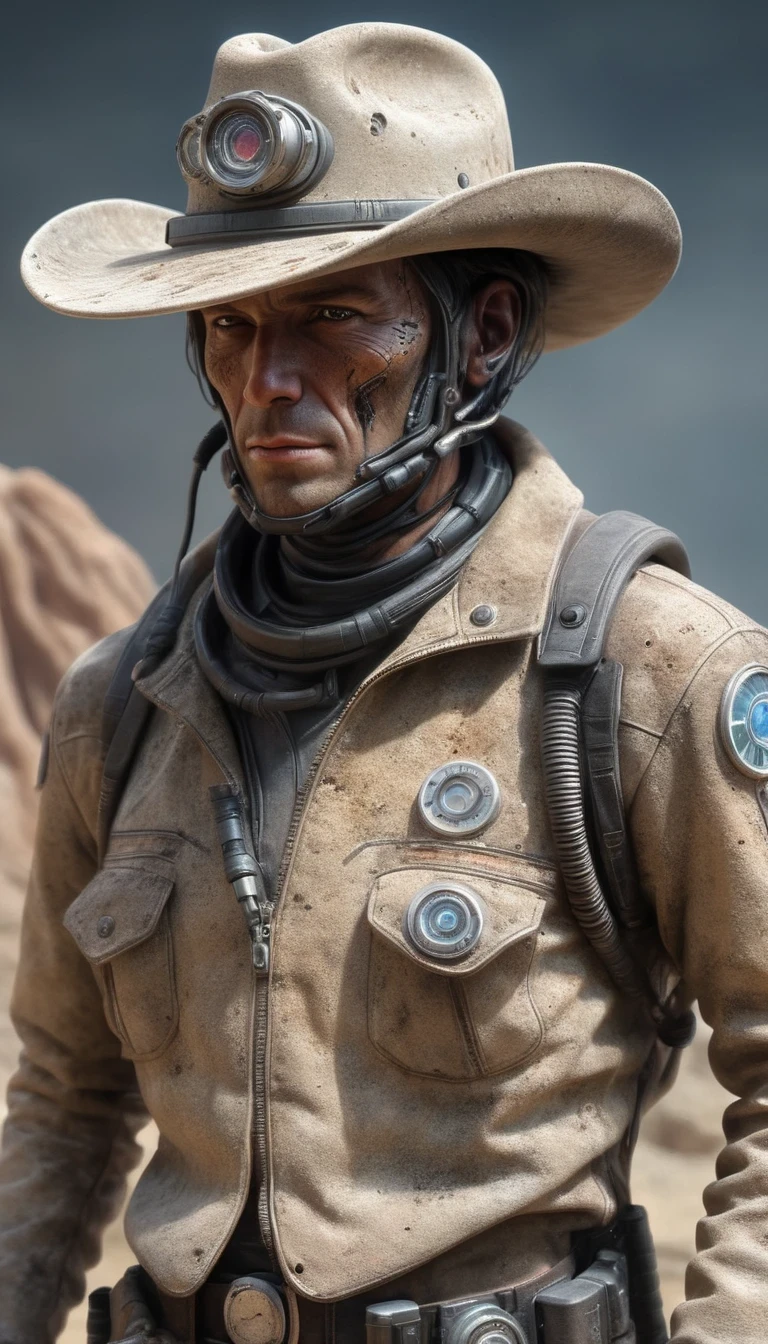 Ultra-realistic images of [Intergalactic Cowboy] encased in rock, very dirty, extinct modern technology rendered like a fossil, dusty, weathered and worn appearance. HD, ultra-realistic, high quality image
