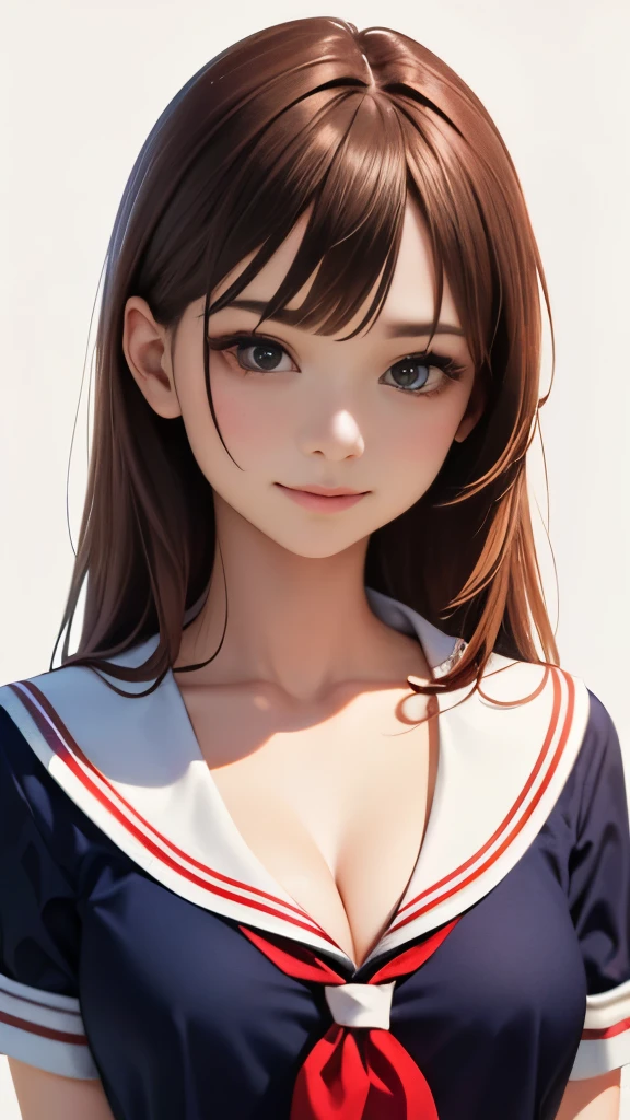 (highest quality, 8K, 32k, masterpiece, nffsw:1.2), (RAW photo), (realistic), (Photoreal:1.2), (High resolution), Super detailedな, very beautiful face and eyes, 1 girl,  round and small face, big breasts thin waist、(((small breasts)))、(((white wall background)))、slim proportions, (school uniform, sailor suit、白いsailor suit, dark blue pleated skirt:1.23), (bust shot)、(((redhead)))、((short sleeve sailor suit))、(Close-up、highest quality、high detail、Rich skin details、nffsw)、(highest quality, 8K,  table top:1.2), Super detailed, (realistic, realistic:1.37), (((full body shot)))、Bright colors, (((Hold your hands)))、(((sexy atmosphere)))、(((20 year old woman)))、((Bust isＤcup))、(((light brown hair)))、(((white background)))、(((cleavage)))、(((girly hairstyle)))、(((long hair)))、(((in front of a white wall)))、(((light brown hair)))、(((I put my hand on my cheek)))、(((he has an evil smile on his face)))、(((The girth of the chest is 85 cm)))、(((small breasts mischievous expression)))