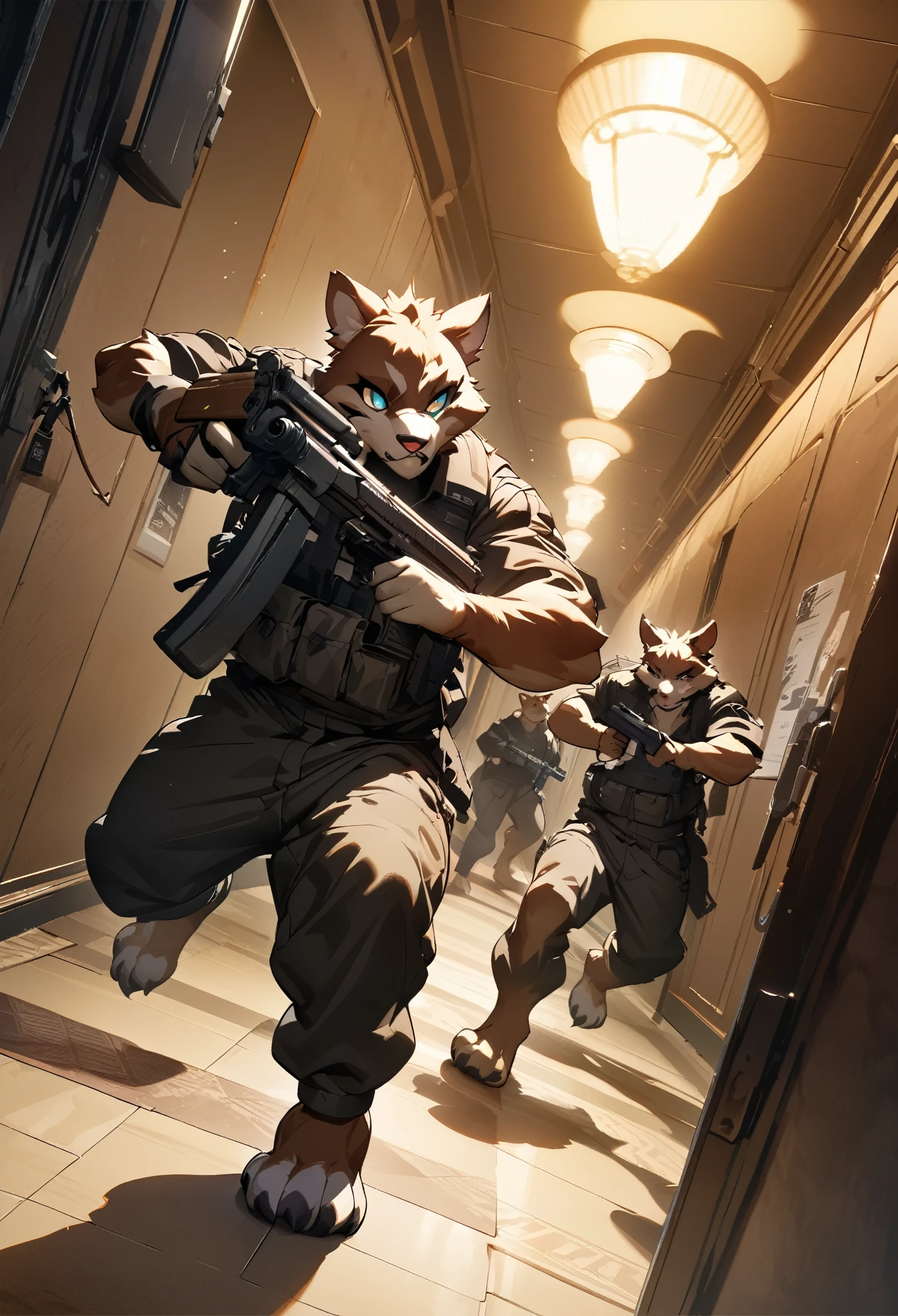 dynamic angle, top quality, best quality, High-quality illustrations, masterpiece, super high resolution, detailed background, detailed background, biohazard, Dim hotel hallway, gun fight, game package, absurdres(highly detailed beautiful face and eyes)perfect anatomy, expression, good lighting, cinematic shadow(kemono, furry anthro),
