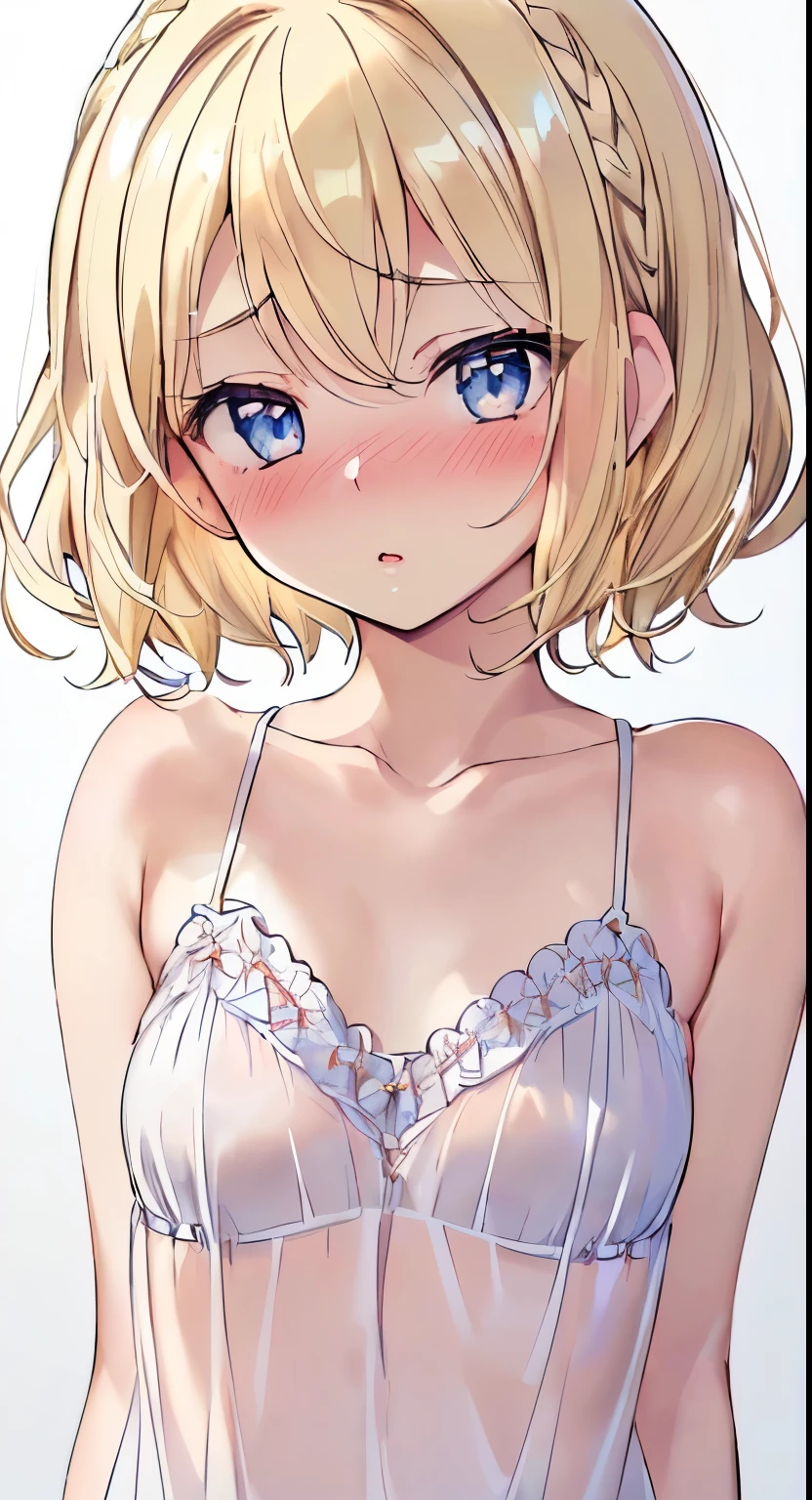 (sixteen years old:1.5), (tiny girl:1.2), (a beauty girl:1.3), (Beautiful blonde hair:1.3), (Wavy Hair:1.5), (Shorthair:1.5), (Clear blue eyes:1.3), (Soft lips:1.3), (red blush:1.4), (suprised:1.3), (embarrassed from:1.2), (Crystal clear white skin:1.3), (Lustrous skin:1.3), (Fine skin:1.5), (Superb female body:1.5), (Beautiful collarbone:1.3), (tiny chest:1.5), (camisole:1.3), (Fluttering chest:1.2), (hiding breast:1.2), (looks to the side:1.2), (a closeup:1.3), (to close range:1.3), (Only the upper body and head can be seen:1.5), (The most detailed girls:1.2), (perfect hand:1.2), (masutepiece:1.2), (High resolution:1.2), (best qualtiy:1.2), (Detailed backgrounds:1.4), (textile shading:1.2), (Extremely delicate and beautiful:1.2), (8K:1.2),whole body、fullbody
