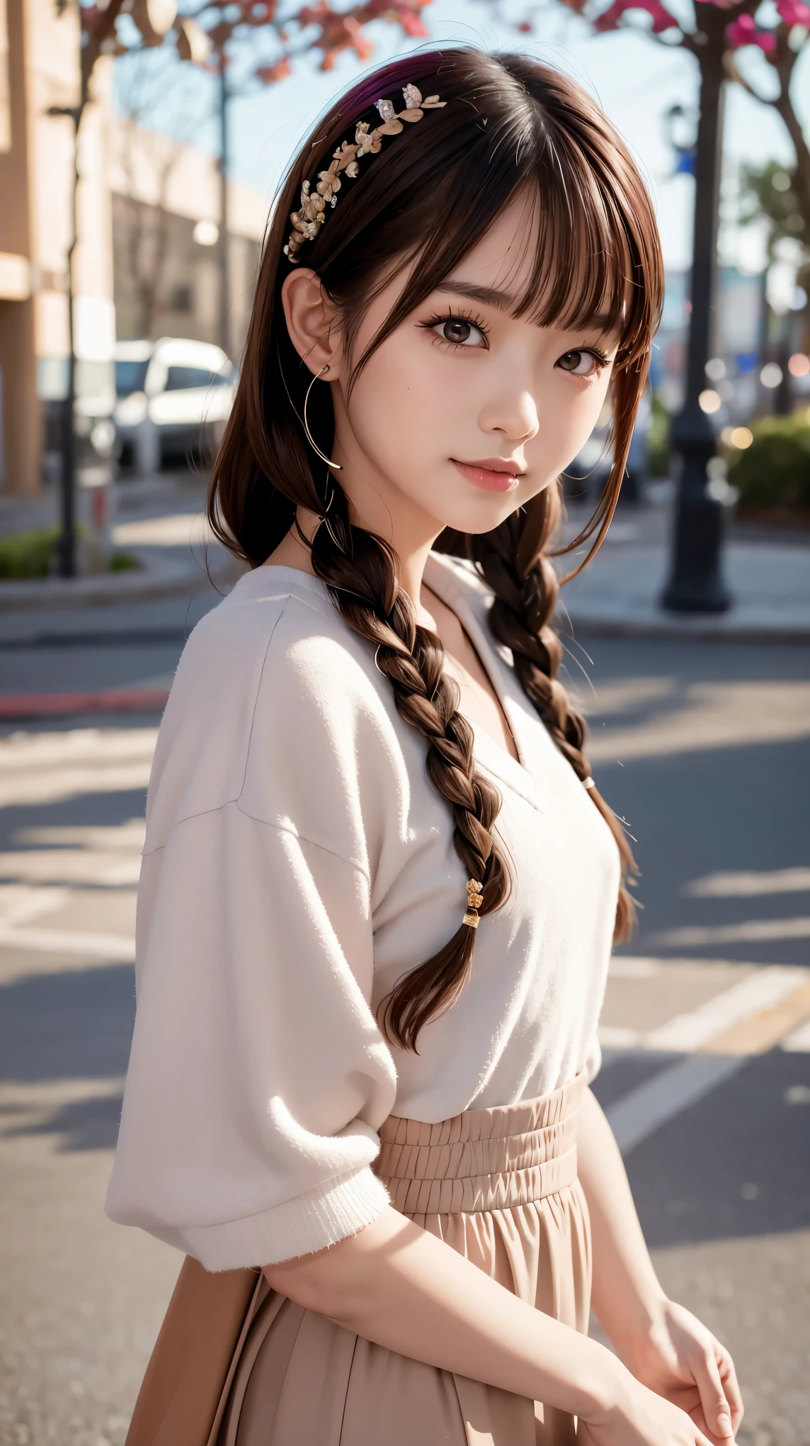 Realistic, masterpiece, highest quality, Highest resolution, One Japanese woman, Happy smile, Detailed and beautiful eyes, Iris, Sparkling eyes, Sharp Eyes, Thin eyebrows, Gives your eyelashes a delicate finish, False eyelashes, Natural Makeup, (Braided Hair, Blunt bangs, brown hair:1.2), Detailed face, She is looking slightly to the side, Always watching the audience, grinning, cheeks pink, Spring clothes, Upper body photo, Portrait background