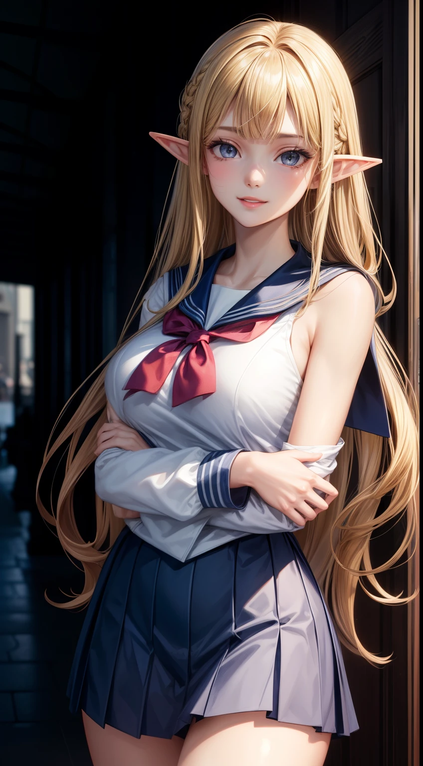 (masterpiece:1.3), High resolution, Very detailed, Highly detailed CG Unity 8k wallpaper, Realistic, photo-Realistic, Raw photo, Beautiful and dense face, Pale skin, Realistic glistening skin, Fine cloth texture, Detailed hair texture, Perfect body, Beautiful Face, Accurate, Anatomically correct, Highly detailed face and skin texture, Natural neck length, (Beautiful Hands), (Fair skin:1.2), Thin legs, Thin legs, break, Fine grain, Symmetrical eyes, Light brown eyes, double eyelid, Thin eyebrows, (Glossy lips:1.4), (Smiling Kindly:1.2), break, (NSFW:1.1), (Elegant and cute girl:1.3), (1 girl), (Medium sized big breasts, Slender figure, Firm chest:1.1), Beautiful clavicle, (Blonde Hair, Wavy Hair, Long Hair:1.2), ((Asymmetrical bangs:1.2)), (((Elf))),((Sailor suit,school uniform)),(Shopping Street)