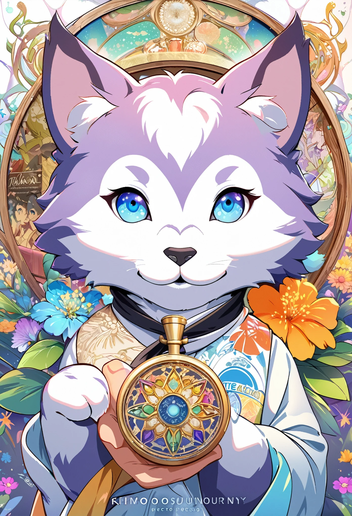 cover page, Perfume poster, kaleidoscope, rzminjourney, vector-art, High-quality illustrations by Alfons Mucha, masterpiece(kemono, furry anthro)logo mark, round, colorful flower,