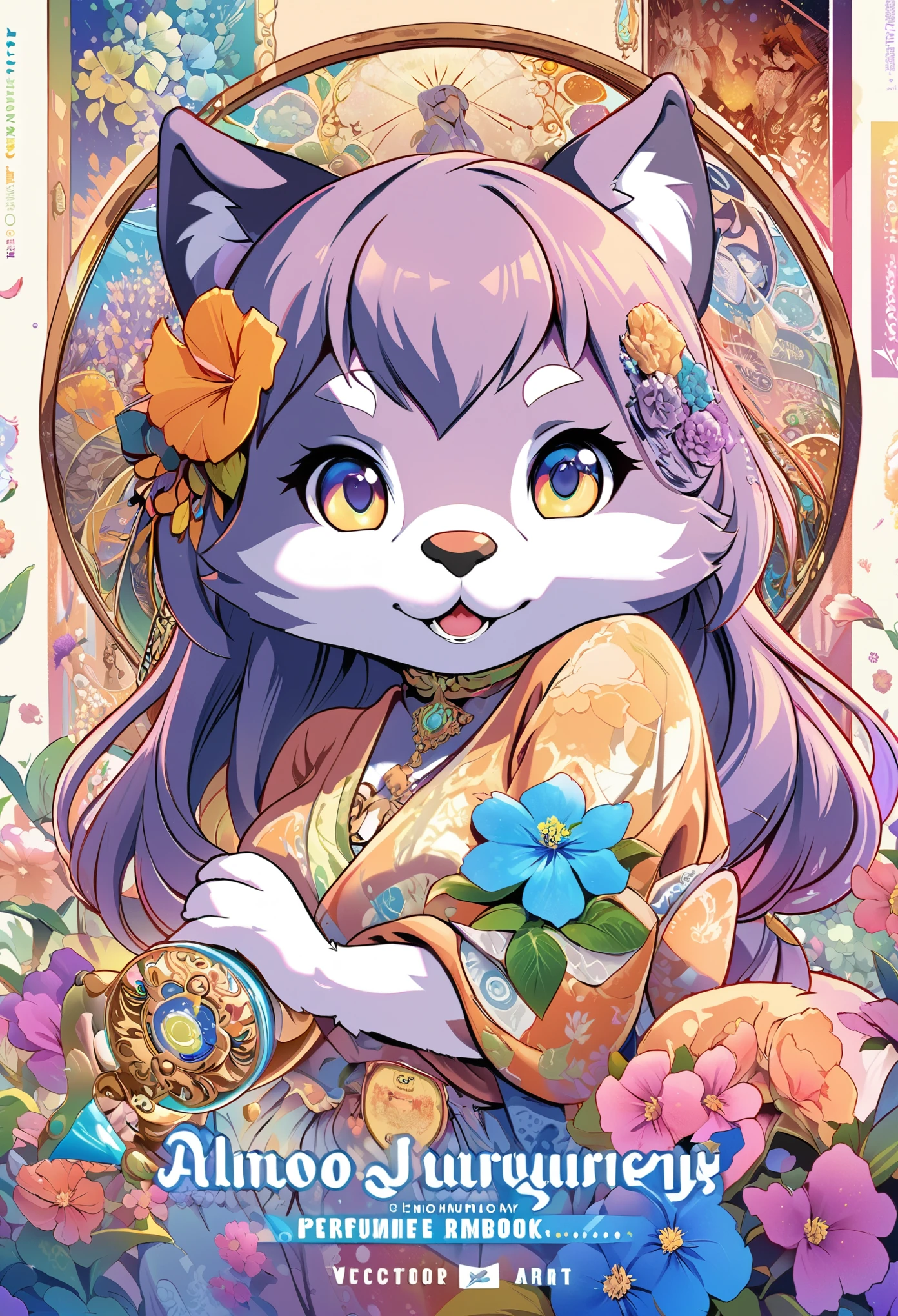 cover page, Perfume poster, kaleidoscope, rzminjourney, vector-art, High-quality illustrations by Alfons Mucha, masterpiece(kemono, furry anthro)logo mark, round, colorful flower,
