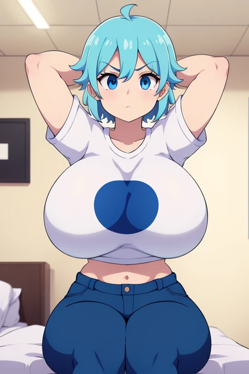 score_9, score_8_up, score_7_up, source_anime, solo, GSBF, blue eyes, upper body, 1girl, crop shirt, looking at viewer, arms behind head, gigantic breasts, wide hips, sitting on bed, ceiling