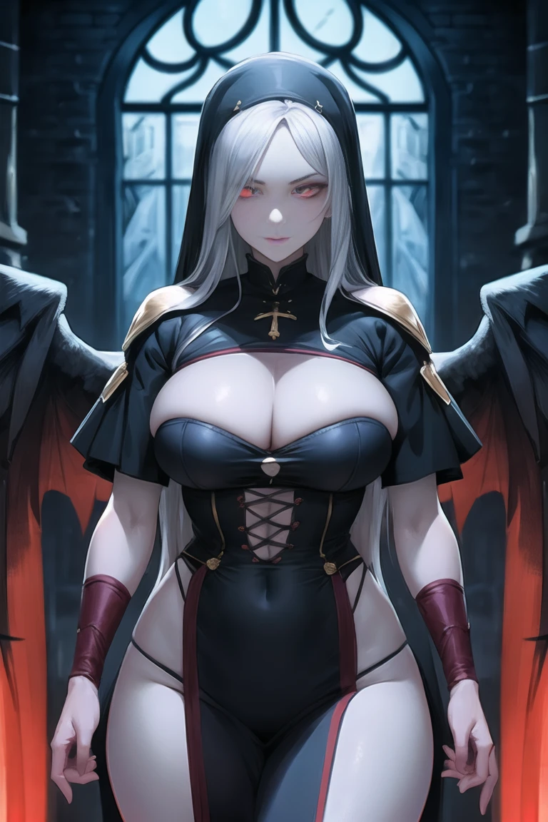Grey skin, blood habot, nun, rare, cursed maiden, goddess armor, beautiful woman, long silver hair, red glowing eyes, grey skin, black wings, church ruins,