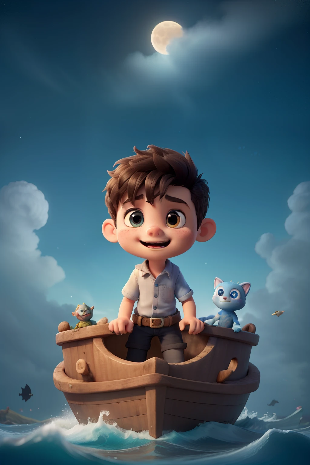 ((best quality)), (A little boy travels on a ship in the ocean, tossed by the waves at night in a magical space, floating in the sky, surrounded by wondrous creatures, stars and clouds, and other cute and scary creatures chasing him.-d'artwork)), (detailed), visage parfait