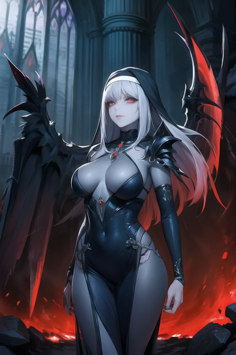 Grey skin, lustful, nun, rare, cursed maiden, goddess armor, beautiful woman, long silver hair, red glowing eyes, grey skin, black wings, church ruins,