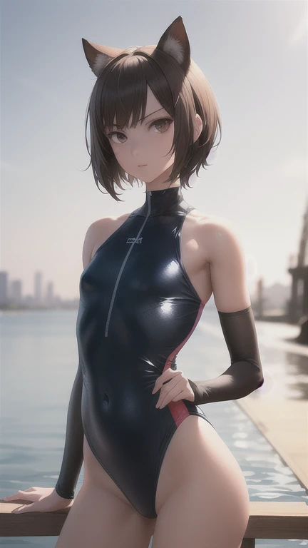 best quality, masterpiece, 1girl, raytracing, ultra detailed,detailed face, 8k wallpaper, 1girl, ((petite, slender):1.2), fit one-piece swimsuit