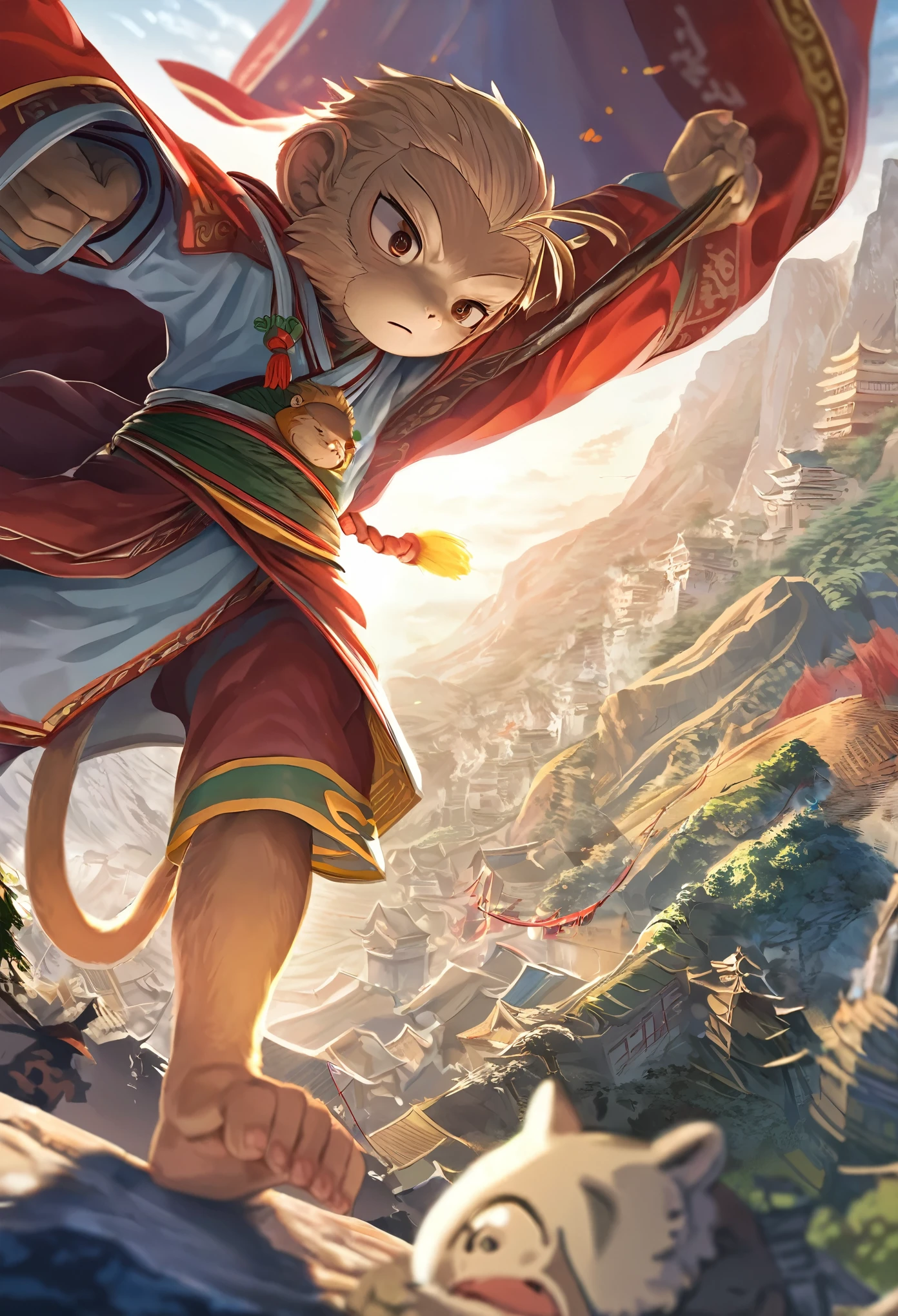 dynamic angle, top quality, best quality, High-quality illustrations, masterpiece, super high resolution, detailed background, detailed background, Monkey A Journey to the West, action, absurdres(highly detailed beautiful face and eyes)perfect anatomy, expression, good lighting, cinematic shadow(kemono, furry anthro),