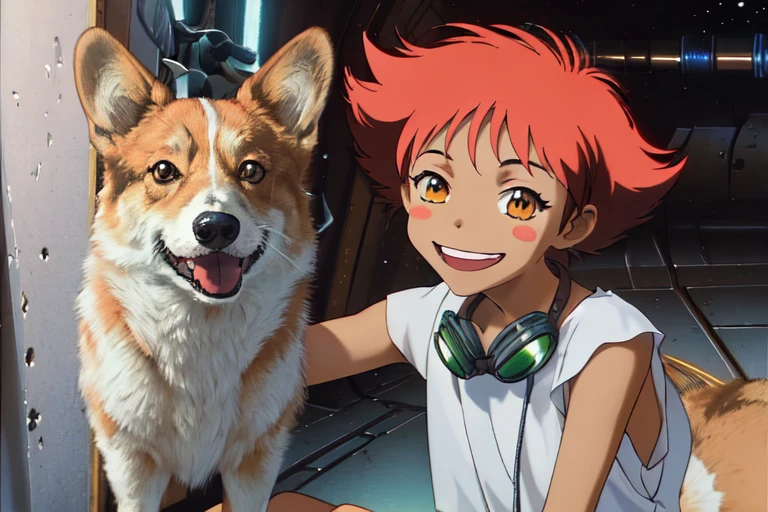 (best quality,4k,8k,highres,masterpiece:1.2),ultra-detailed,, Edward,1girl,crazy smile,smiling,happy,blush stickers,tank top,goggles on neck, outer space, space station, indoors, sitting, brown pembroke welsh corgi corgi, 