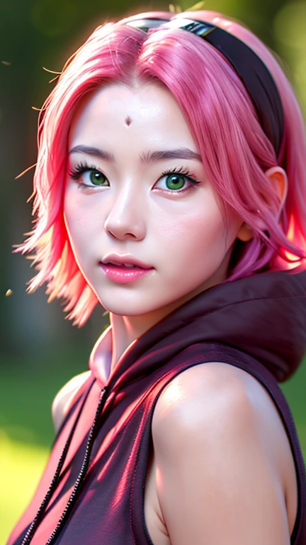 (face lighting:0.8),bright backlight,medium breasts,super high resolution,best quality,Photos,4k,(Realistic:1.2),xiaoyin,1girl,pink hair,short hair,green eyes,hairband,gloves,looking at viewer,sleeveless,shorts,oink hoodie