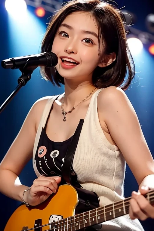 ((highest quality))、(masterpiece:1.4)、Raw photo、8k、((Best image quality))、 ((High resolution))、Beautiful face in every detail、realistic human skin、Gentle expression、(One Woman:1.3 )、Realistic、Photorealistic、(Very short hair:1.4)、(Beautiful woman)、(Cute Japanese Girl)、(boyish:1.3)、(mannish)、((Beautiful woman))、(Beautiful Hair)、((Dark brown hair))、(((Red cheeks)))、(((her eyes are big)))、20 year old beauty、(her face is small:1.8)、Small Head、((Long neck))、Pale skin、spotless skin、With bangs、Everyone longs for、日本のBeautiful woman、Eight-headed height、(necklace)、(music festival:1.4)、((blue sky))、singer、(concert t-shirt)、smile、(Larger clothes:1.3)、Happy expression、(Bass guitar:1.3)、(on stage:1.3)、blue sky、stand microphone、Wristband、bracelet、