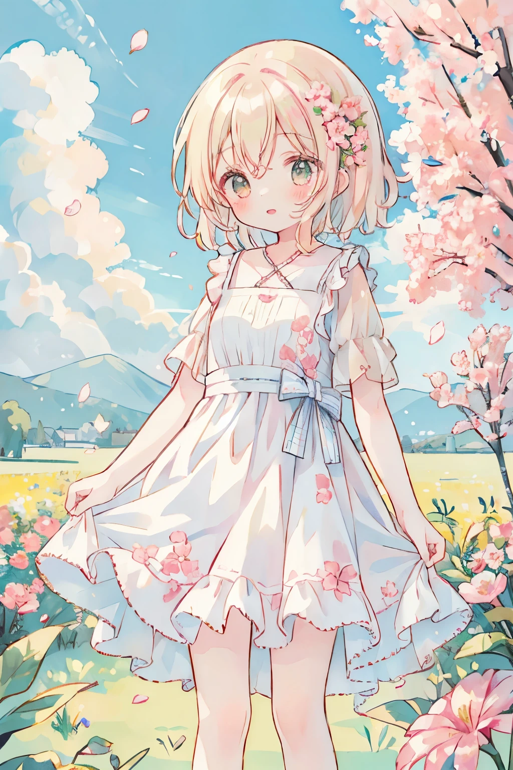 (masterpiece, best quality:1.1),Sakurai Momoka, fanart, 1girl, solo, scenary, short hair, flowers, petals, dress, flower dress, sky, clouds, :d
