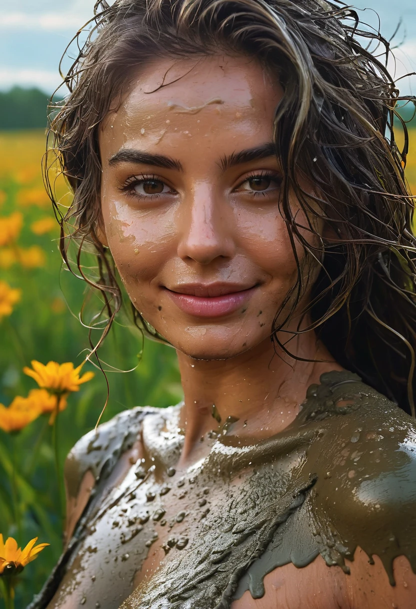 (best quality, highres:1.2, ultra-detailed, realistic:1.37),medium:oil painting,body portrait,Latina woman,no clothes,nude,exposed skin,dirty,nasty,show perfect ??????,seductive expression,piercing eyes,long flowing hair,proud and confident posture,standing in a lush field surrounded by blooming flowers,sunlight gently kissing her skin,soft shadows accentuating her features,muddy ground beneath her feet,her body covered in mud,emphasizing her connection to the earth,playful smirk on her face,determined gaze,fine lines and wrinkles adding character to her face,delicate droplets of mud on her skin and hair,subtle reflections of the vibrant colors of the flowers on her skin,the smell of wet earth and fresh flowers filling the air,vivid colors and rich textures in the surroundings,showcasing the beauty and diversity of nature,creating a harmonious and captivating scene.
