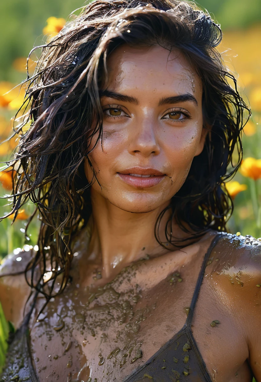(best quality, highres:1.2, ultra-detailed, realistic:1.37),medium:oil painting,body portrait,Latina woman,no clothes,nude,exposed skin,dirty,nasty,show perfect vagina,seductive expression,piercing eyes,long flowing hair,proud and confident posture,standing in a lush field surrounded by blooming flowers,sunlight gently kissing her skin,soft shadows accentuating her features,muddy ground beneath her feet,her body covered in mud,emphasizing her connection to the earth,playful smirk on her face,determined gaze,fine lines and wrinkles adding character to her face,delicate droplets of mud on her skin and hair,subtle reflections of the vibrant colors of the flowers on her skin,the smell of wet earth and fresh flowers filling the air,vivid colors and rich textures in the surroundings,showcasing the beauty and diversity of nature,creating a harmonious and captivating scene.