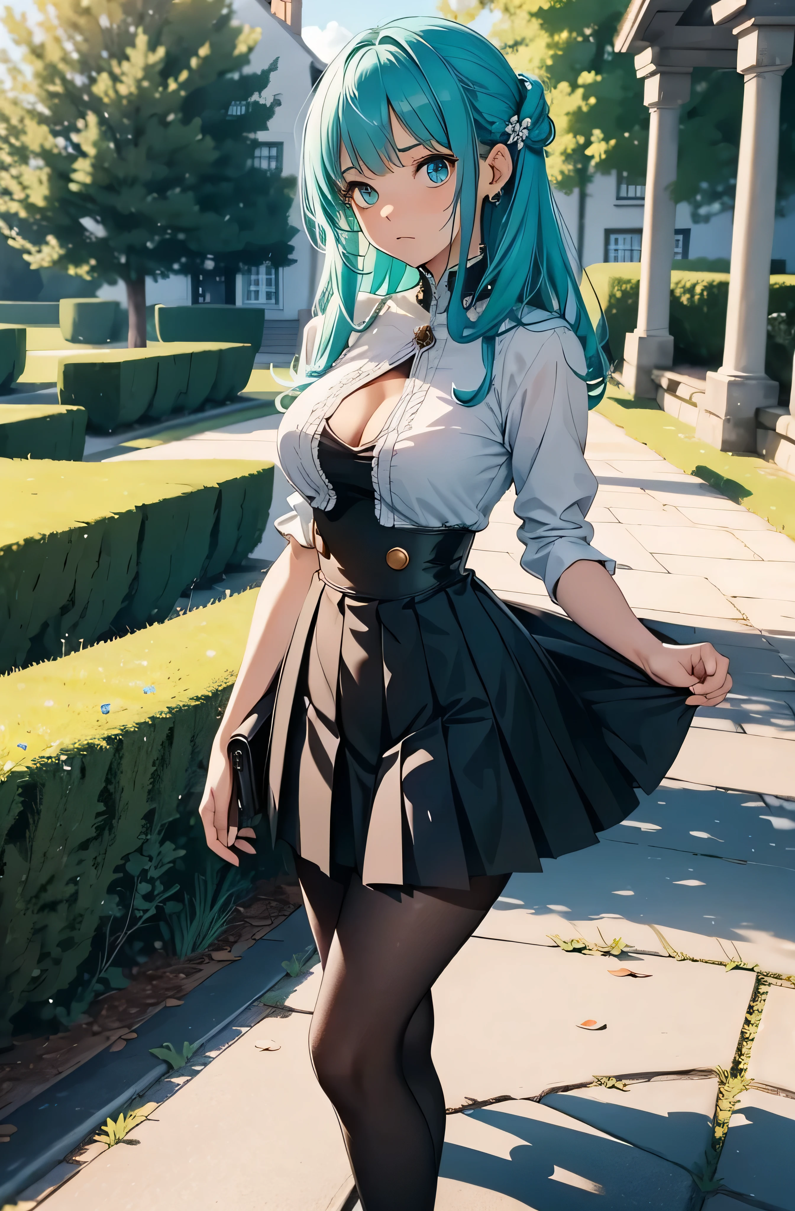 (Best quality), (masterpiece), (ultra detail), A cute human girl with fairy wings, highly detailed face, indifferent facial expression, teal crystal eyes, turquoise hair, full body, in the country side castle in England like , BREAK (black tights), (one piece dress with short pleated skirt), (short skirt), (hourglass figure), BREAK (levitating), , (teal aura around body)