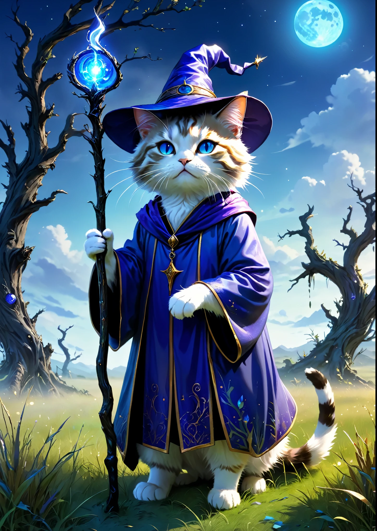 Cat Wizard、has a cane、Emits blue light、Dead tree in the grassland、Complex colors, Art Me、Actual photo、High definition、Detailed、whole body