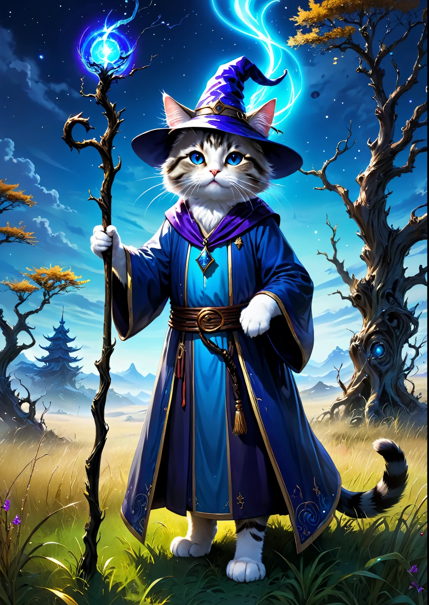 Cat Wizard、has a cane、Emits blue light、Dead tree in the grassland、Complex colors, Art Me、Actual photo、High definition、Detailed、whole body