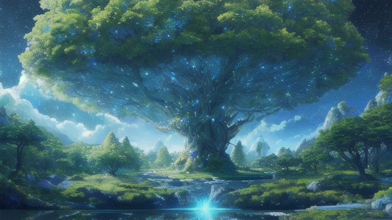 Illustration of a hyperrealistic , otherworldly, Ultra Sky Scene,Features a giant crystal tree,Very detailed and magical lighting, Intricate forest details, Surrounding vegetation and rivers, solarpunk ,landscape, big tree, Beautiful leaves,Beautiful lighting and realistic proportions, Like a movie background, 8k, best quality, masterpiece, Clouds and stars in the sky.