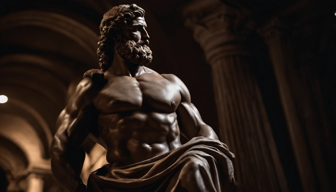 Statue of stoic Greek Hercules with muscles highlighted on dark background
