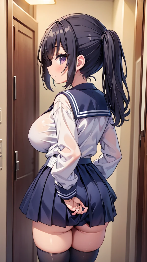 highest quality,wonderful,finely,extremely detailed CG Unity 8K wallpaper, (sex from behind:1.2), (1 girl, Black Hair,Twin tails, clothed),(huge breasts:1.1),(Sailor swimsuit:1.1), (zettai ryouiki:1.4)