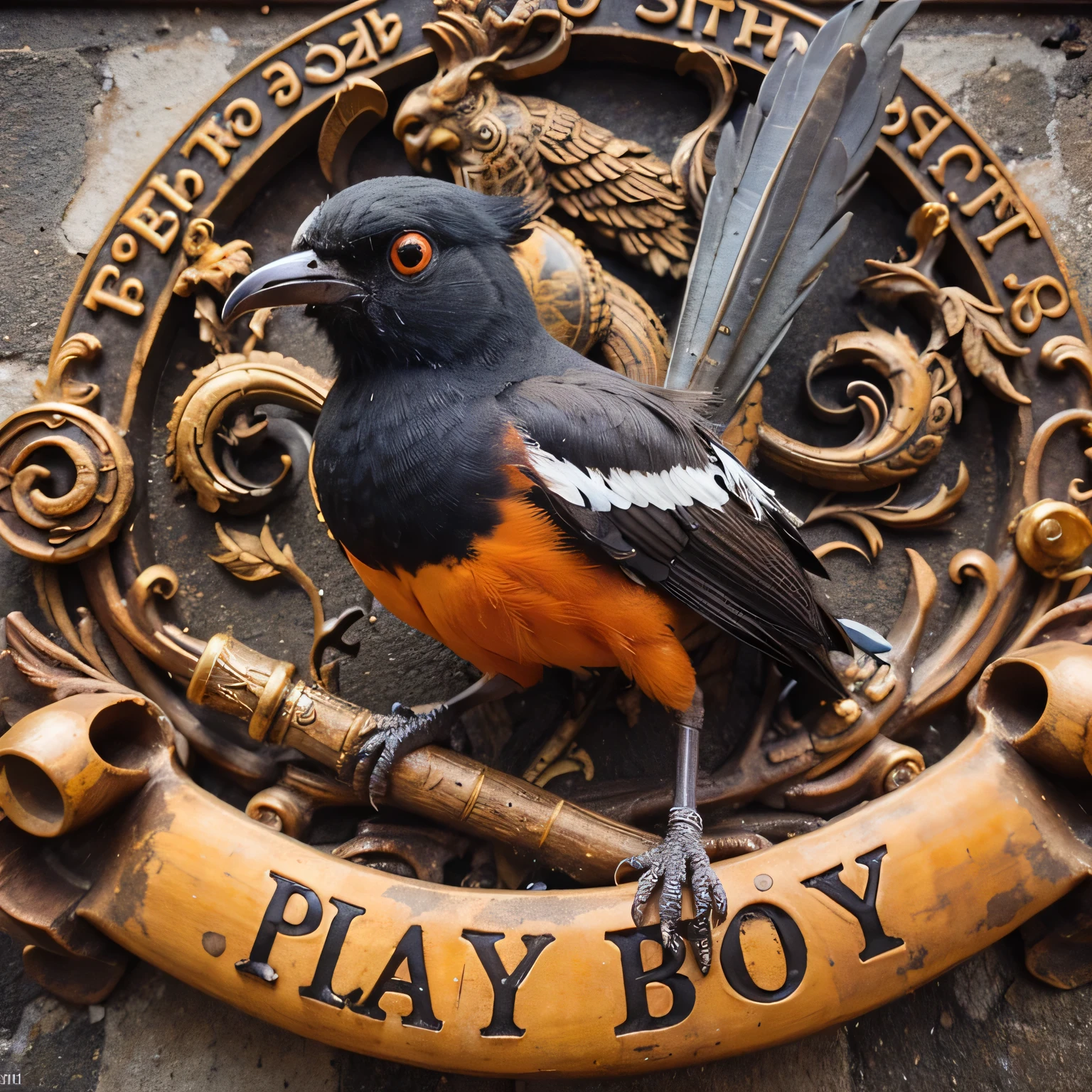 Burung copsychus malabaricus black rumped Shama sedang marah,berdiri di atas batang besi berukir bertuliska  emas tebal bertukiska nama"PLAY BOY".jangan terjemahkan dalam bahasa inggris, gunakan ejaan yang benar. Sangat realistis, sangat detail, ULTRA HD, FULL HDR